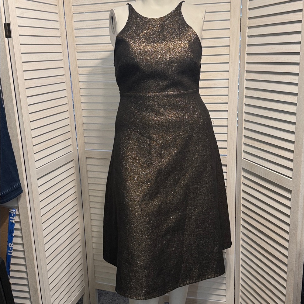 Halston Heritage Black and Gold Flared Midi Dress. Size 12